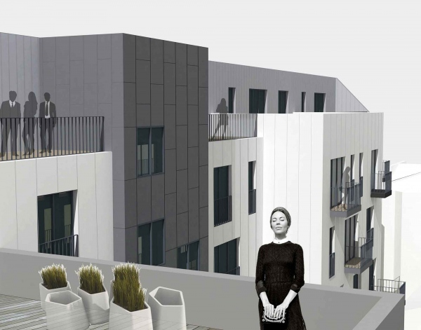 Dzīvokļu ēka Rīgā. Konkursa projekts. Arhitektūra - Astrīda Kroģere, Elēna Melzoba.